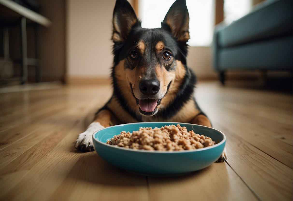 A dog happily eats tuna from a bowl on the floor. A person watches, smiling