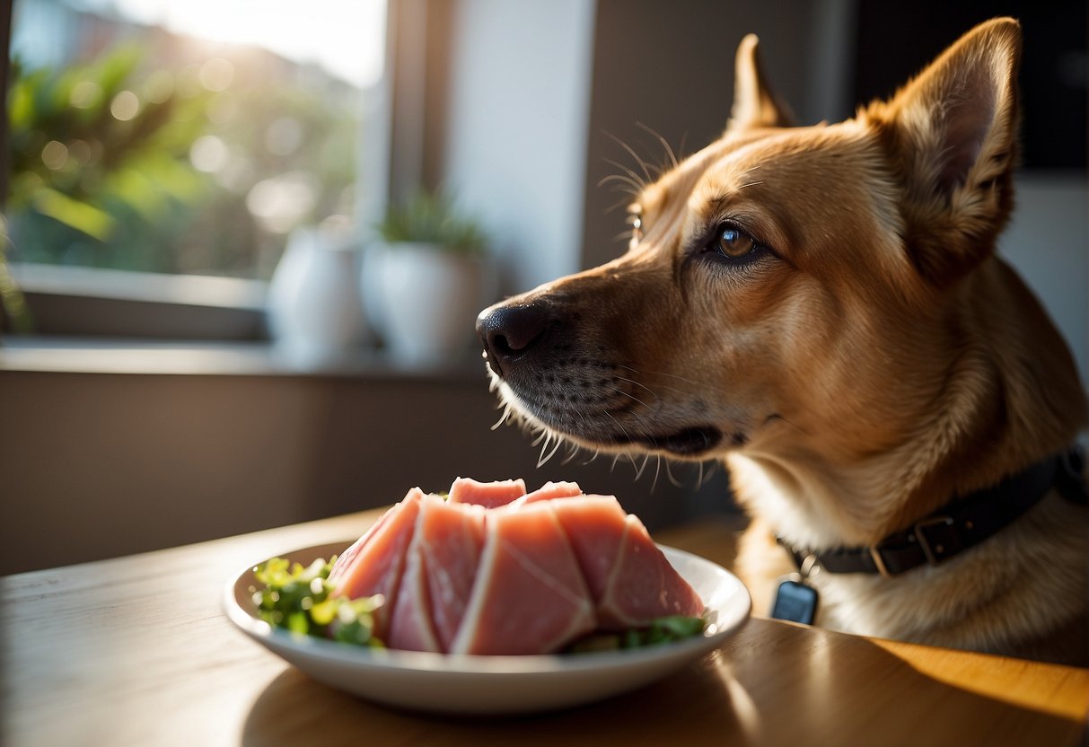 A dog eagerly sniffs a bowl of tuna, while a concerned owner looks up "can dogs eat tuna" on their phone