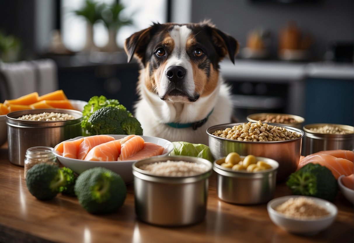 Dogs surrounded by various non-tuna food options, such as salmon, chicken, and turkey. Empty tuna can in the background