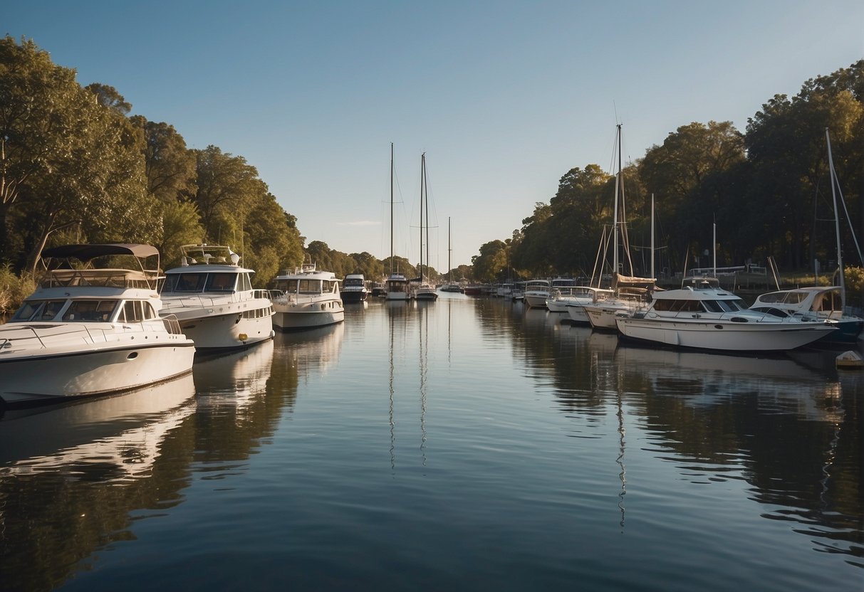 An array of diverse boat types navigating through a serene waterway, with attention to environmental and legal considerations