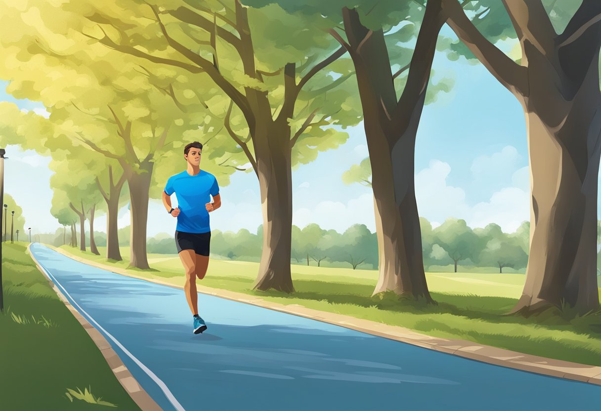 A beginner runner follows a 3k training plan, pacing through a park with trees, a clear path, and a gentle incline, under a bright blue sky