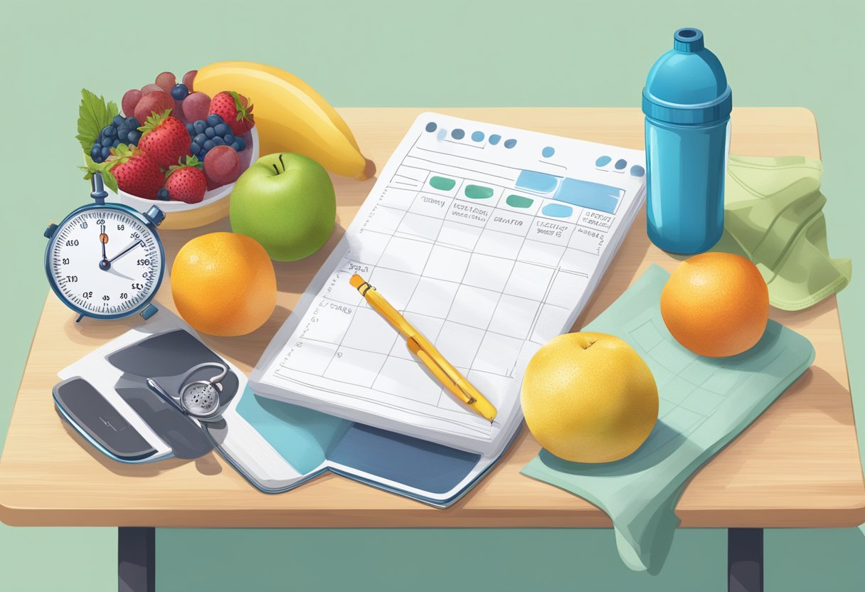 A table with a water bottle, fruits, and a meal plan. A running shoe and a stopwatch are placed next to it