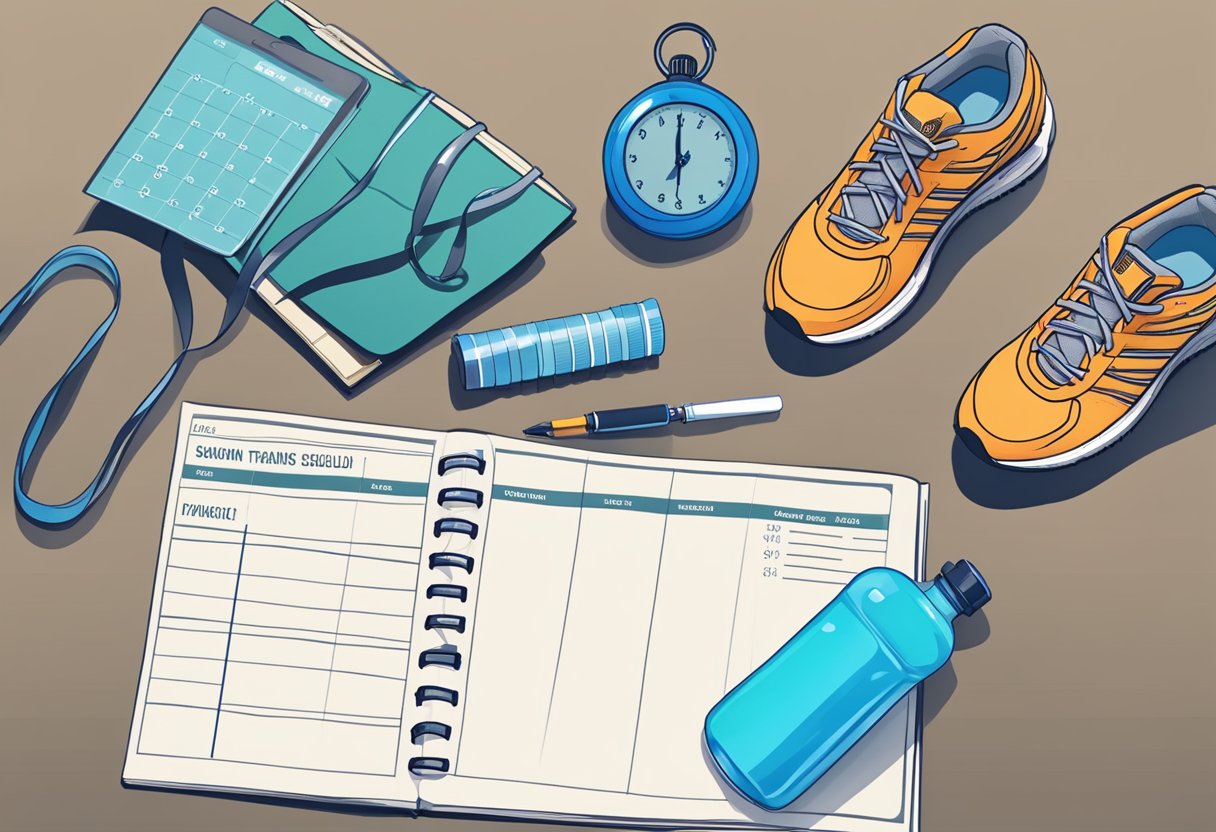 A pair of running shoes, a water bottle, a stopwatch, and a training schedule spread out on a table