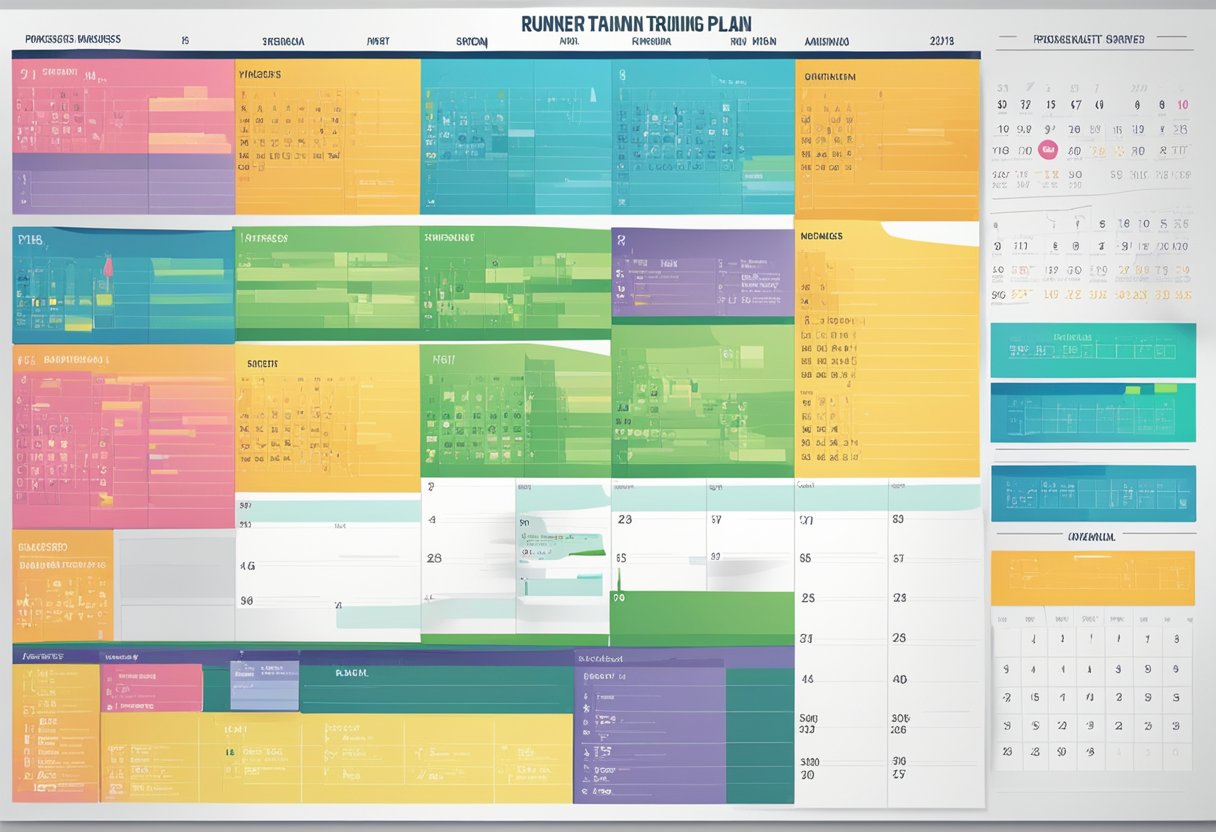 A runner's training plan displayed on a wall calendar, with progress tracked and adjustments noted in colorful markers