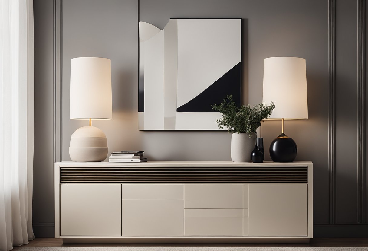 A sleek, modern sideboard adorned with minimalist decor and a statement lamp. Clean lines and neutral tones create a sophisticated, stylish atmosphere