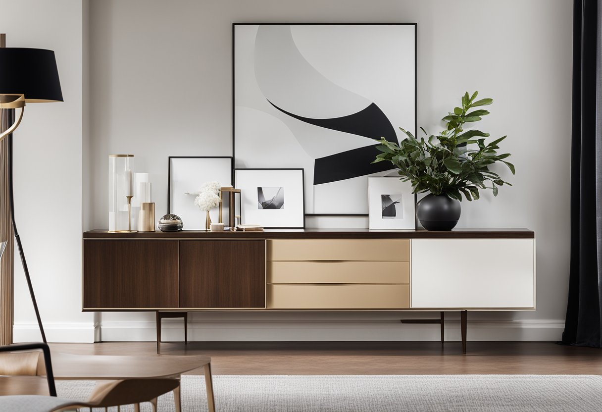 A modern living room with a sleek, minimalist sideboard, clean lines, and neutral colors. A few carefully curated decor items add a touch of elegance