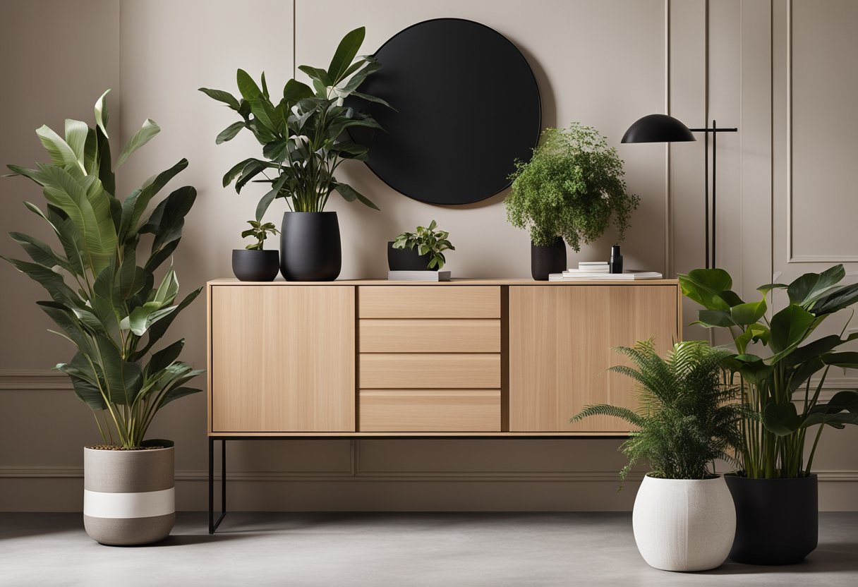 A sleek, modern sideboard with clean lines and ample storage space. Decorative objects and plants add visual interest