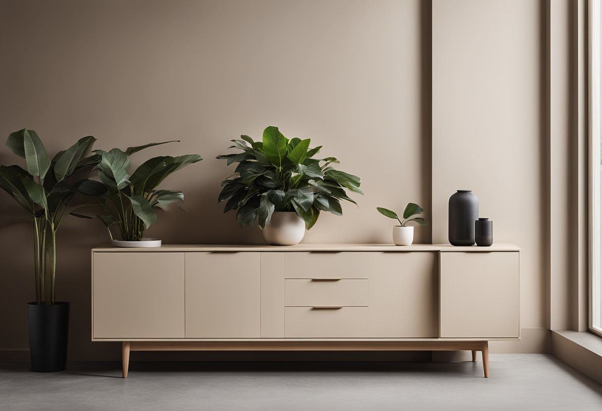 A sleek, modern sideboard sits against a neutral-colored wall, adorned with minimalist decor and a few potted plants. The soft glow of ambient lighting highlights the clean lines and elegant design of the furniture piece