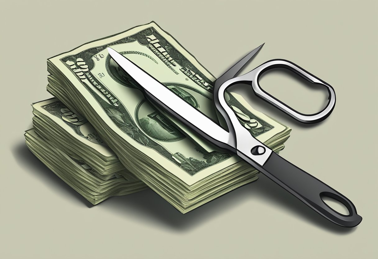 A stack of money being reduced in size by a pair of scissors, symbolizing the reduction of tax liability