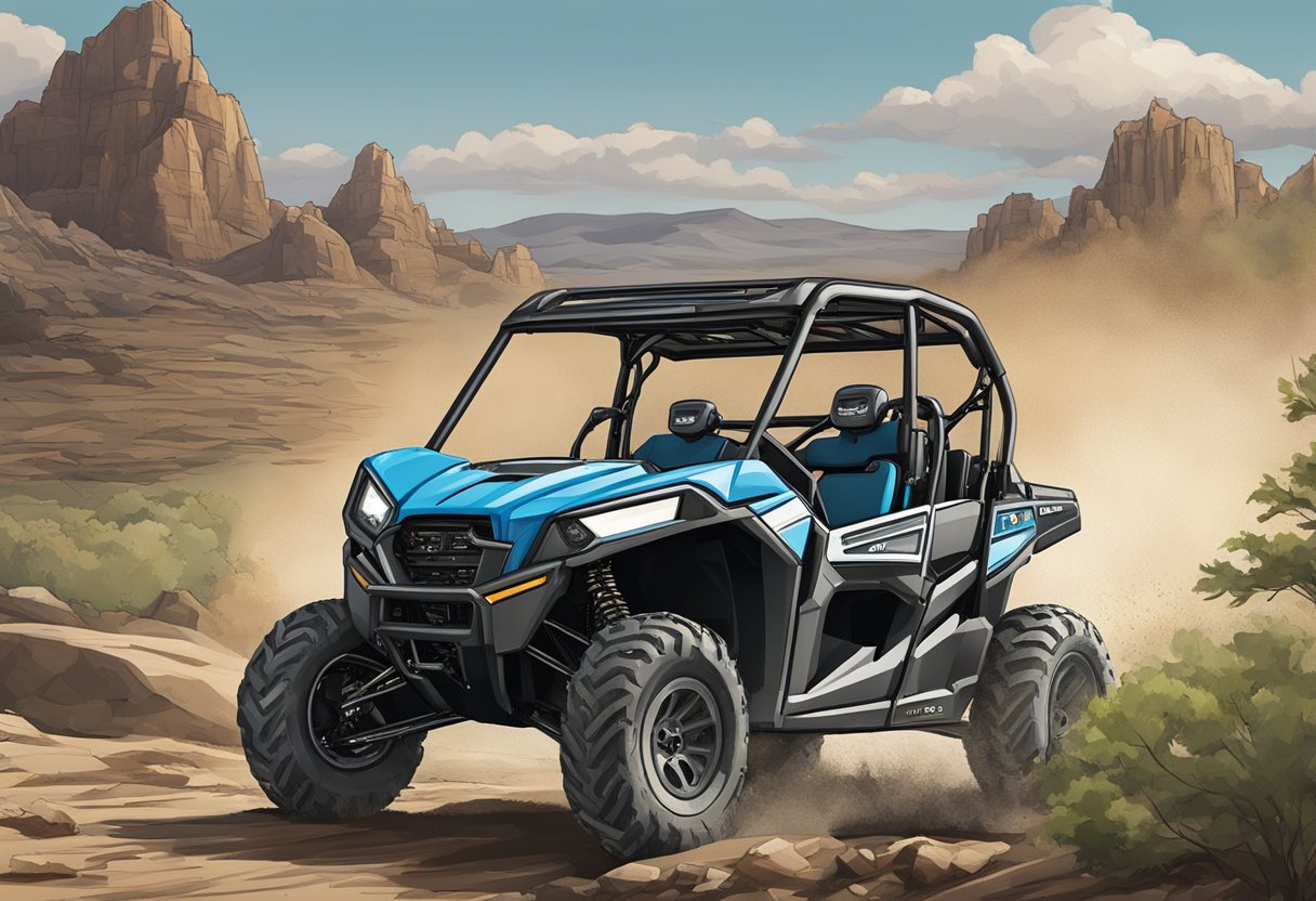 A UTV with upgraded suspension, larger tires, and roll cage, navigating rough terrain with ease