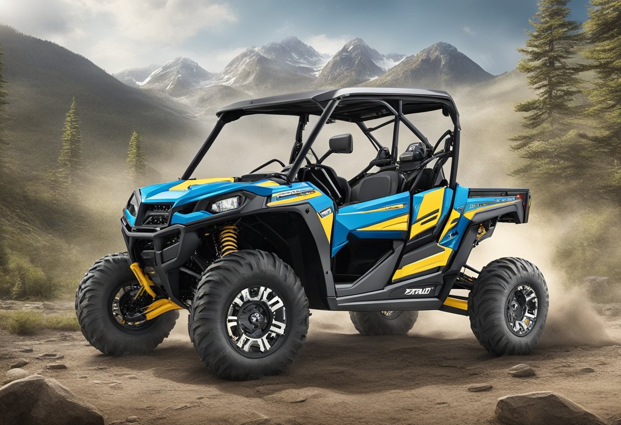 A UTV races through rugged terrain, customized with high-performance parts. The suspension system absorbs bumps, while the powerful engine roars