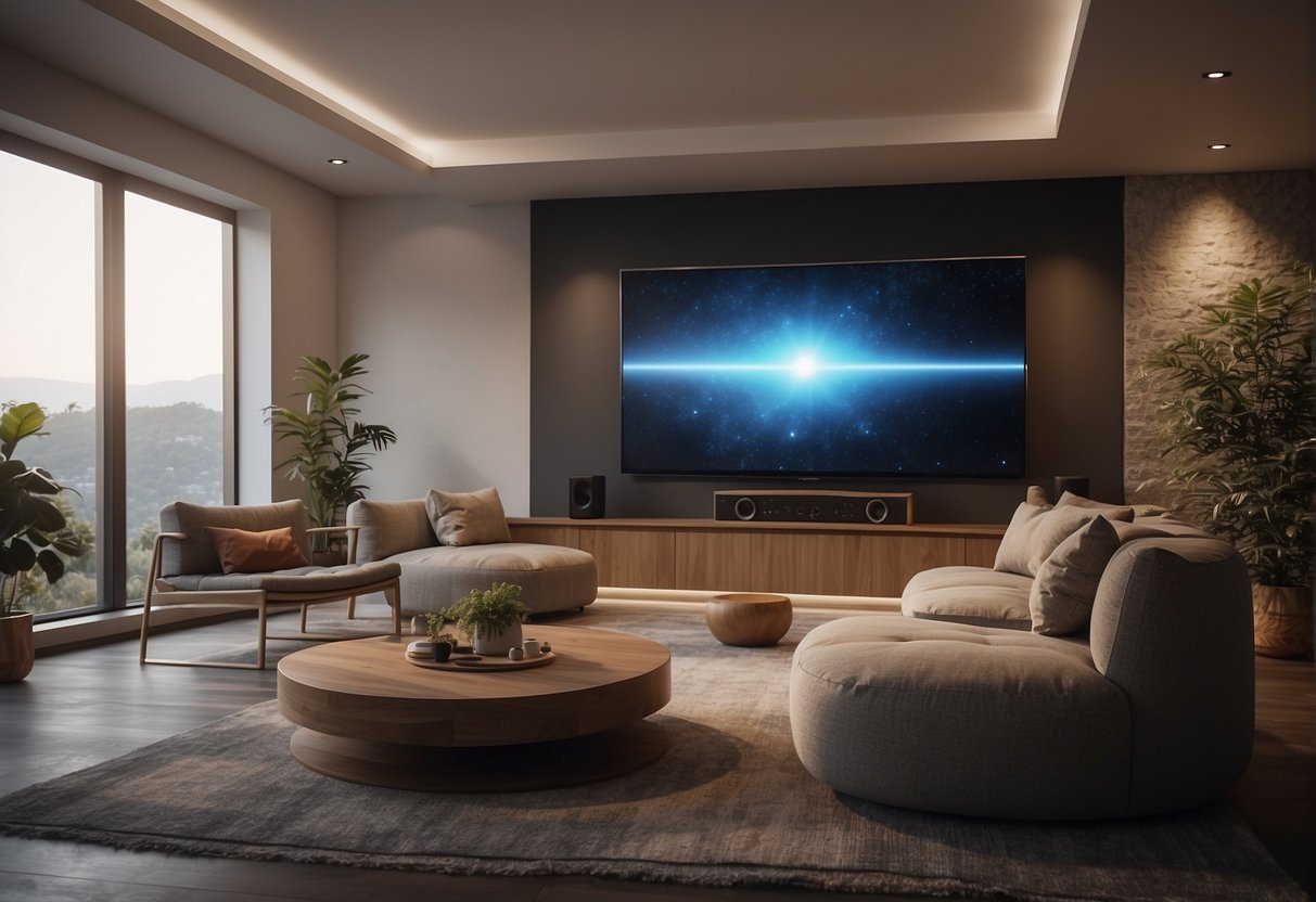 A cozy living room with a mounted projector, surround sound speakers, and comfortable seating arranged for optimal viewing