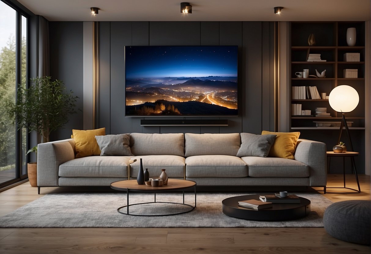 A cozy living room with strategically placed sound-absorbing panels and adjustable LED lighting to create an immersive home theater experience