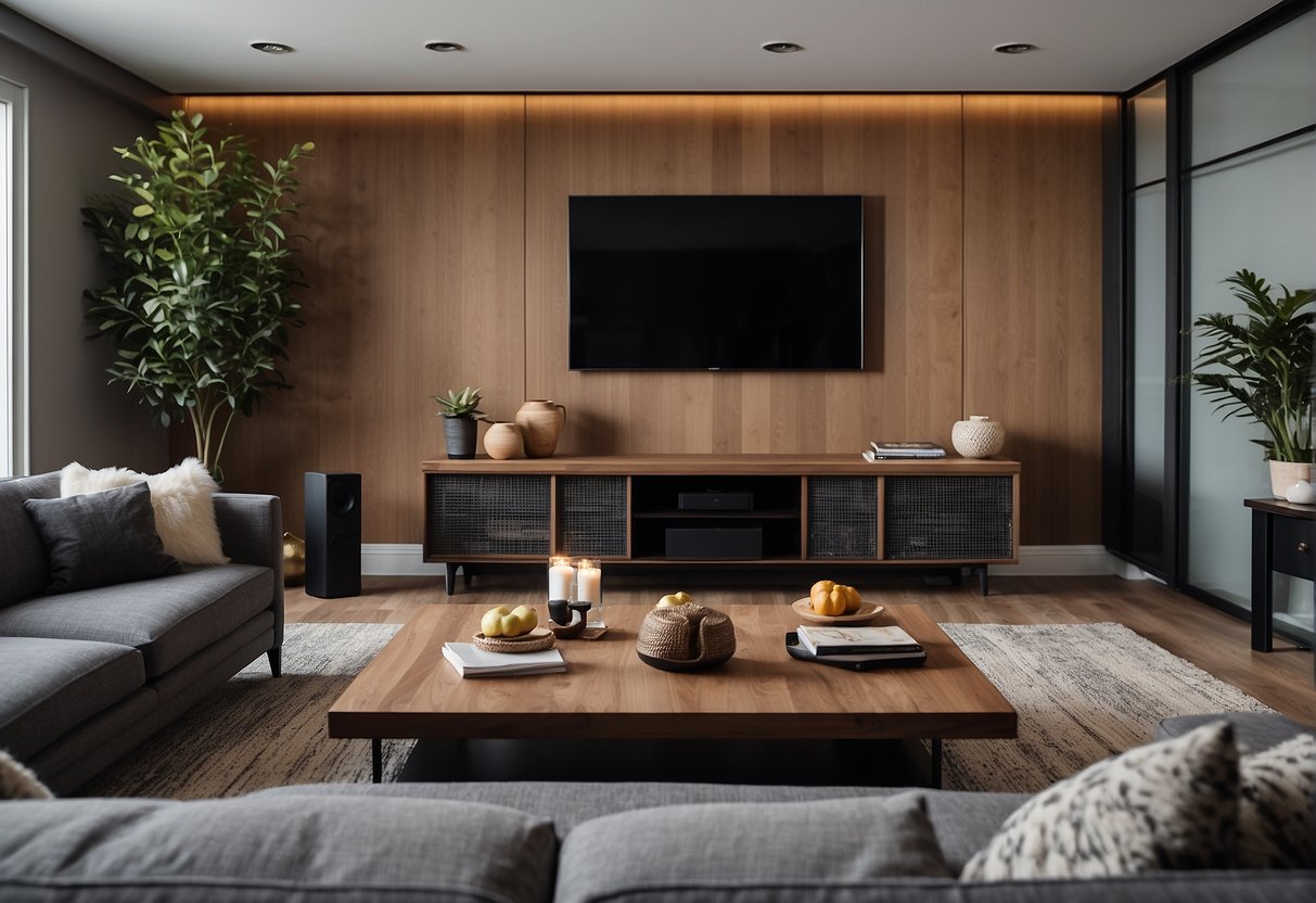 A cozy living room with a sleek, space-saving entertainment center, comfortable seating, and stylish decor. A wall-mounted TV and surround sound speakers complete the home theater setup