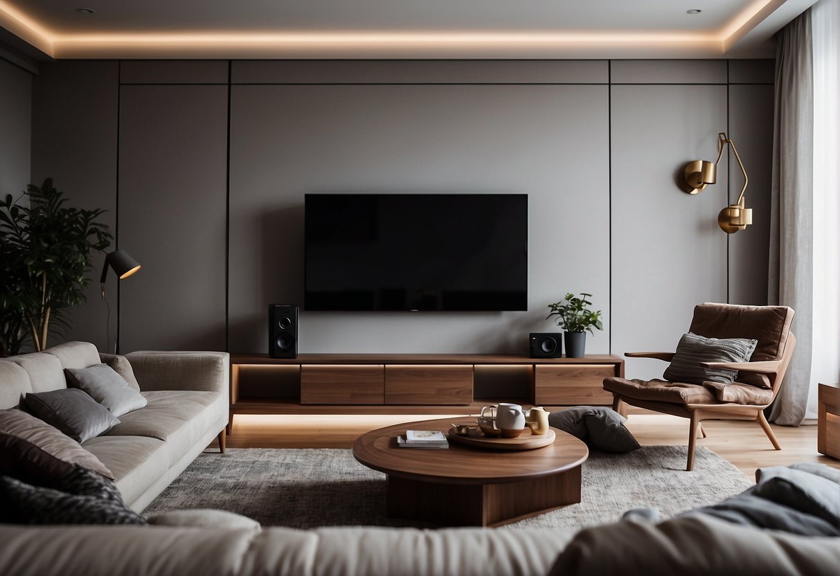 A cozy living room with a wall-mounted TV, a compact sound system, and versatile furniture that can easily transform into comfortable seating for movie nights