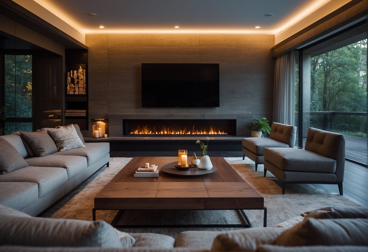 A cozy living room with a large flat-screen TV mounted on the wall, surrounded by comfortable seating and dimmable ambient lighting for an immersive home theater experience