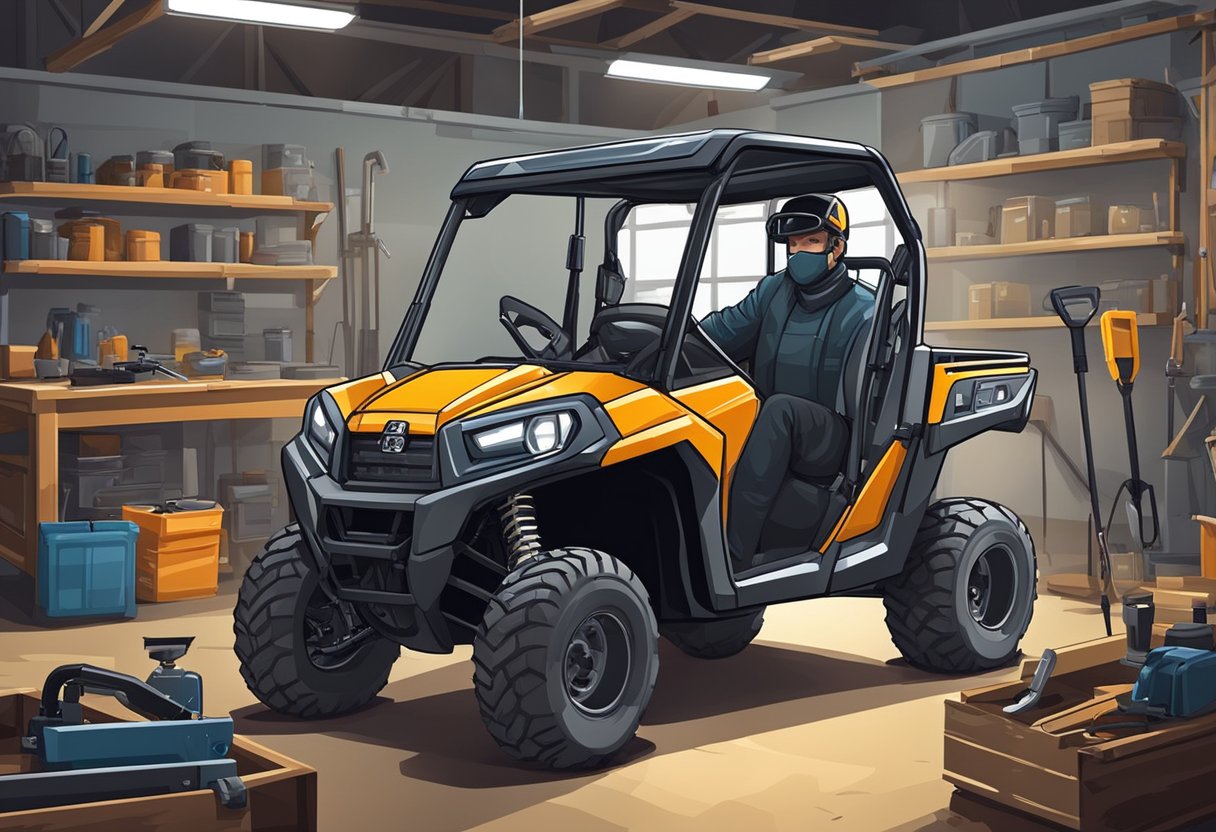 A UTV parked in a workshop, surrounded by tools and equipment. Mechanics are installing custom parts for improved performance