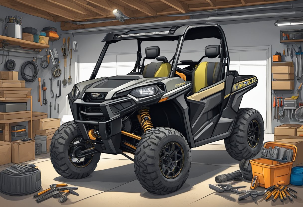 A UTV parked in a garage, surrounded by tools and parts. Custom upgrades visible, such as larger tires and a modified exhaust system