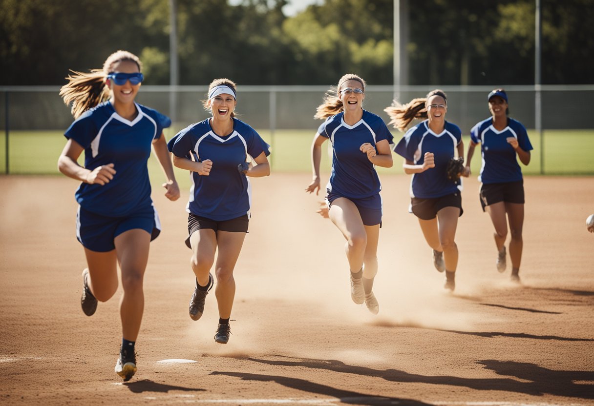 A group of softball players running and throwing on a sunny field