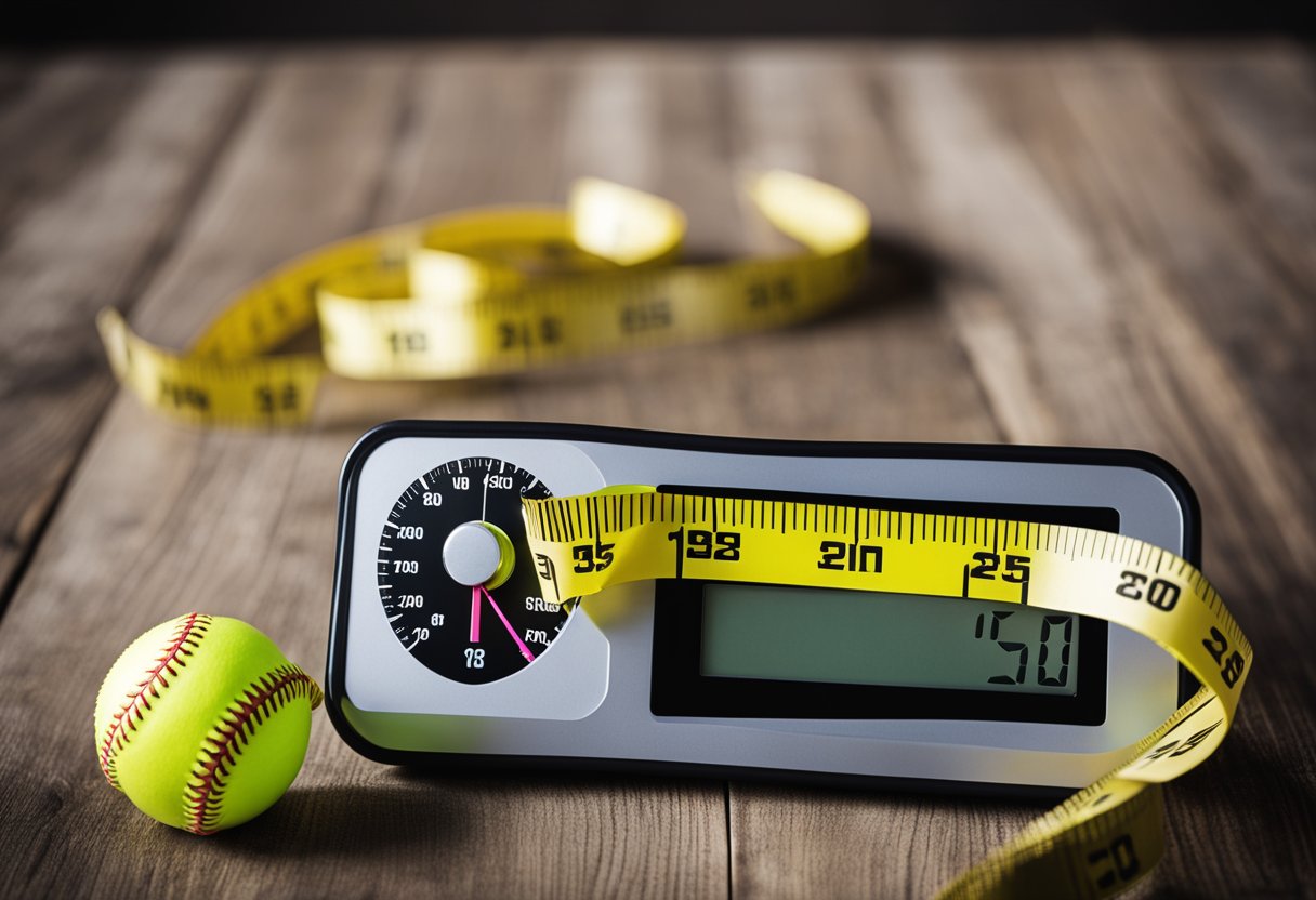 A softball resting on a scale, measuring tape wrapped around it, a chart showing weight loss progress in the background
