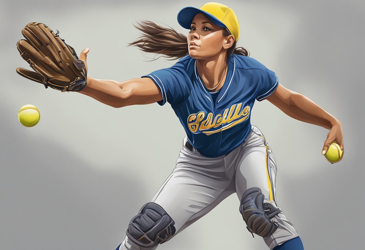 A softball player with acrylic nails struggles to grip the ball, causing it to slip from her hand mid-throw