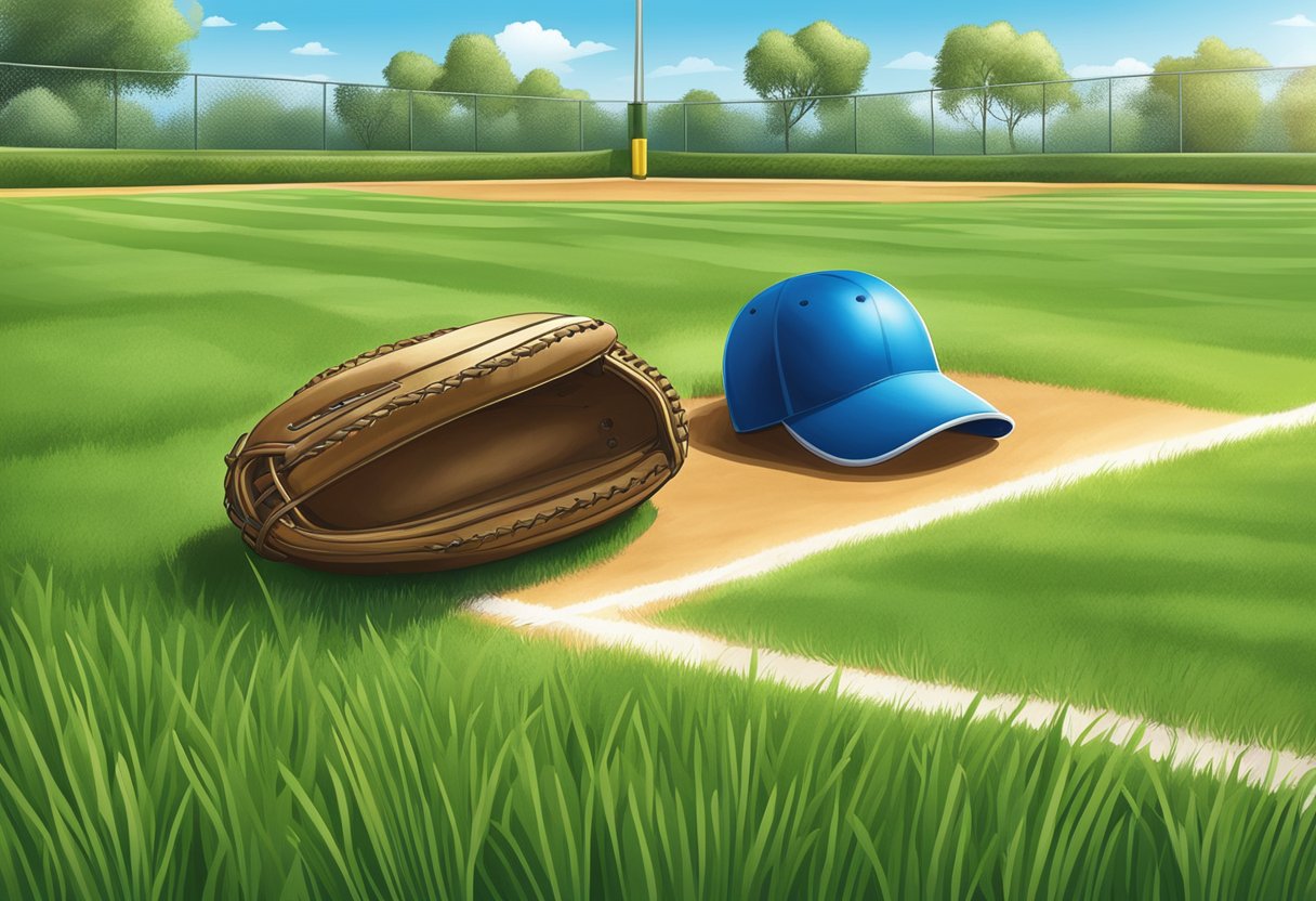 A softball lying on a well-groomed field, surrounded by vibrant green grass and a clear blue sky