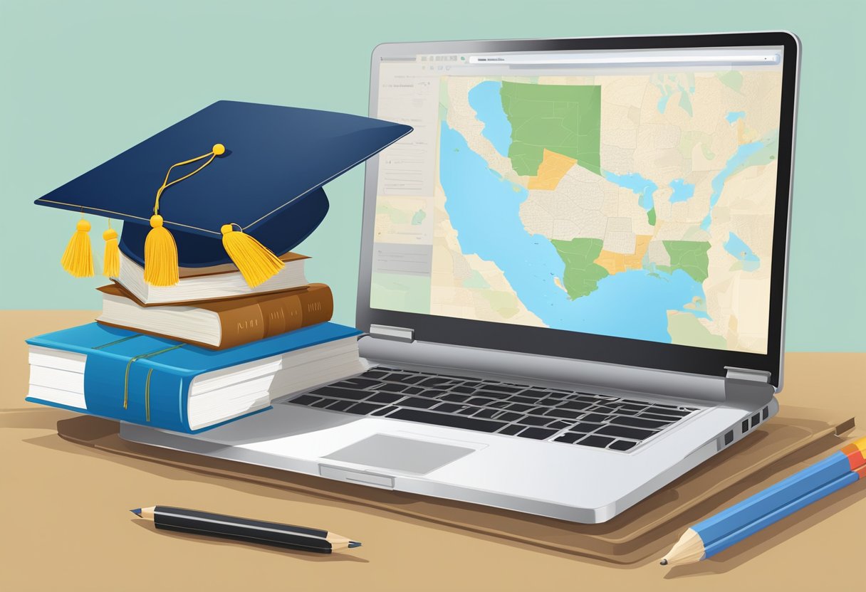 A laptop with a California map, education books, and a graduation cap on a desk