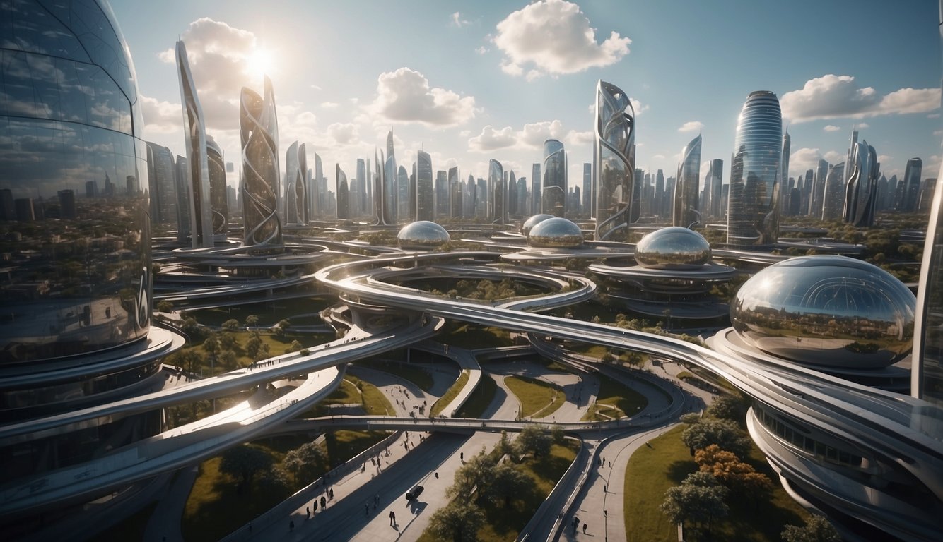 A futuristic cityscape with interconnected buildings and advanced transportation systems, showcasing unity and progress in the European Union