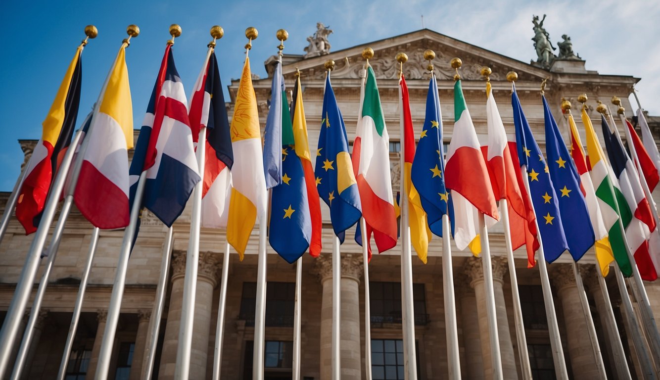 A group of flags representing different European countries stand tall in front of a grand building, symbolizing the unity and power struggles within the European Union