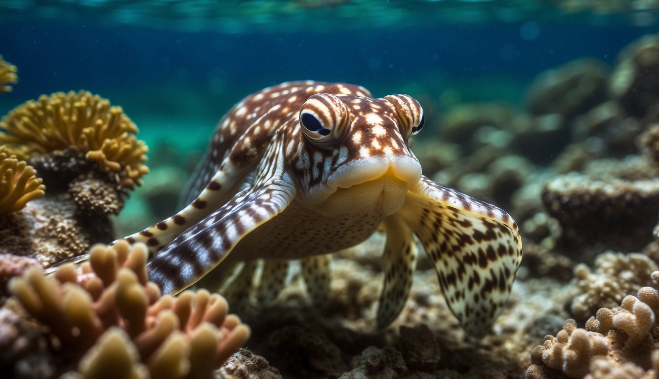 The common cuttlefish swims in clear water, its skin pulsating with vibrant hues of red, yellow, and green, blending seamlessly with the surrounding coral