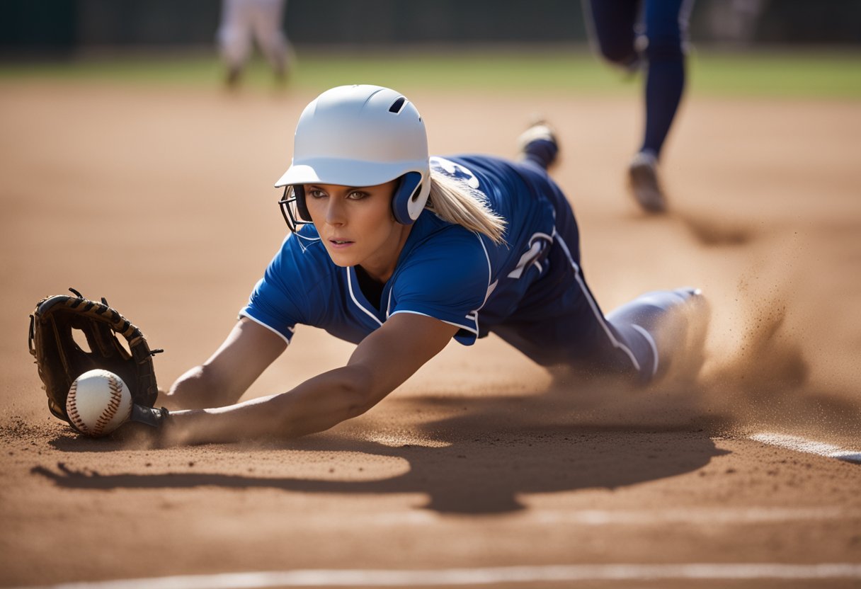 A softball player with a belly button piercing struggles to slide into base, catching the piercing on the ground