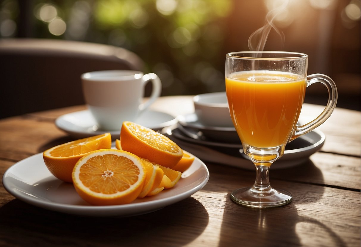 A table set with a steaming cup of coffee and a glass of freshly squeezed orange juice