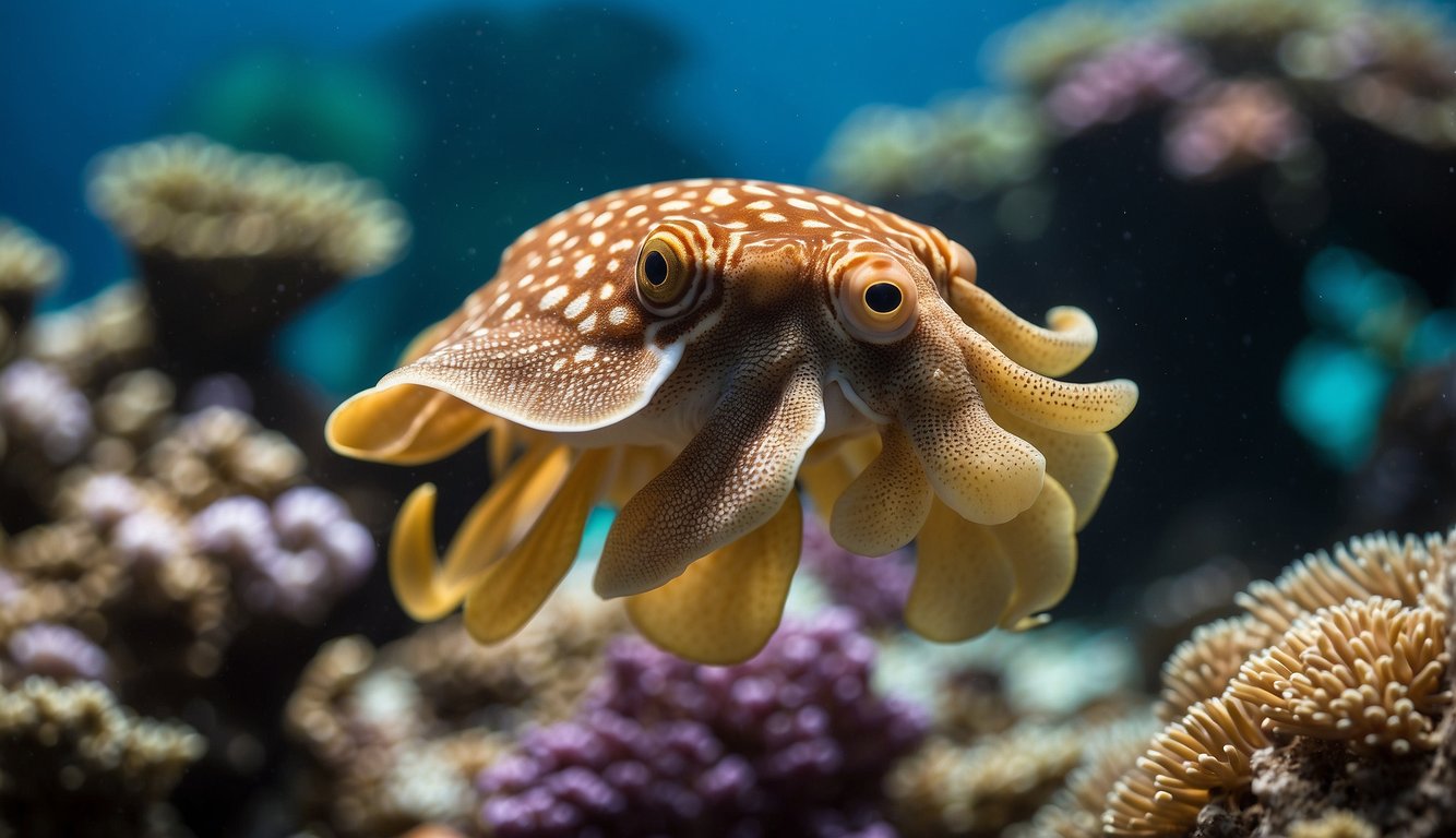 A coral reef backdrop with a common cuttlefish blending seamlessly into its surroundings, its skin changing colors and patterns to match the environment