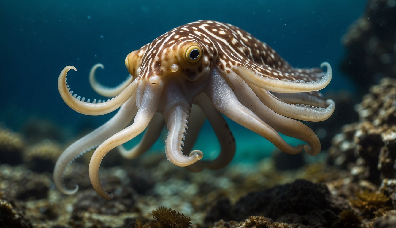 The common cuttlefish swims gracefully, its skin pulsating with vibrant colors and patterns.

Its tentacles undulate as it moves through the water, revealing the intricate anatomy beneath the surface