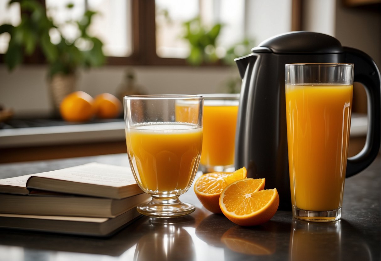 A coffee mug sits next to a glass of orange juice on a kitchen counter, with a recipe book open to a page showing ratios for mixing the two drinks