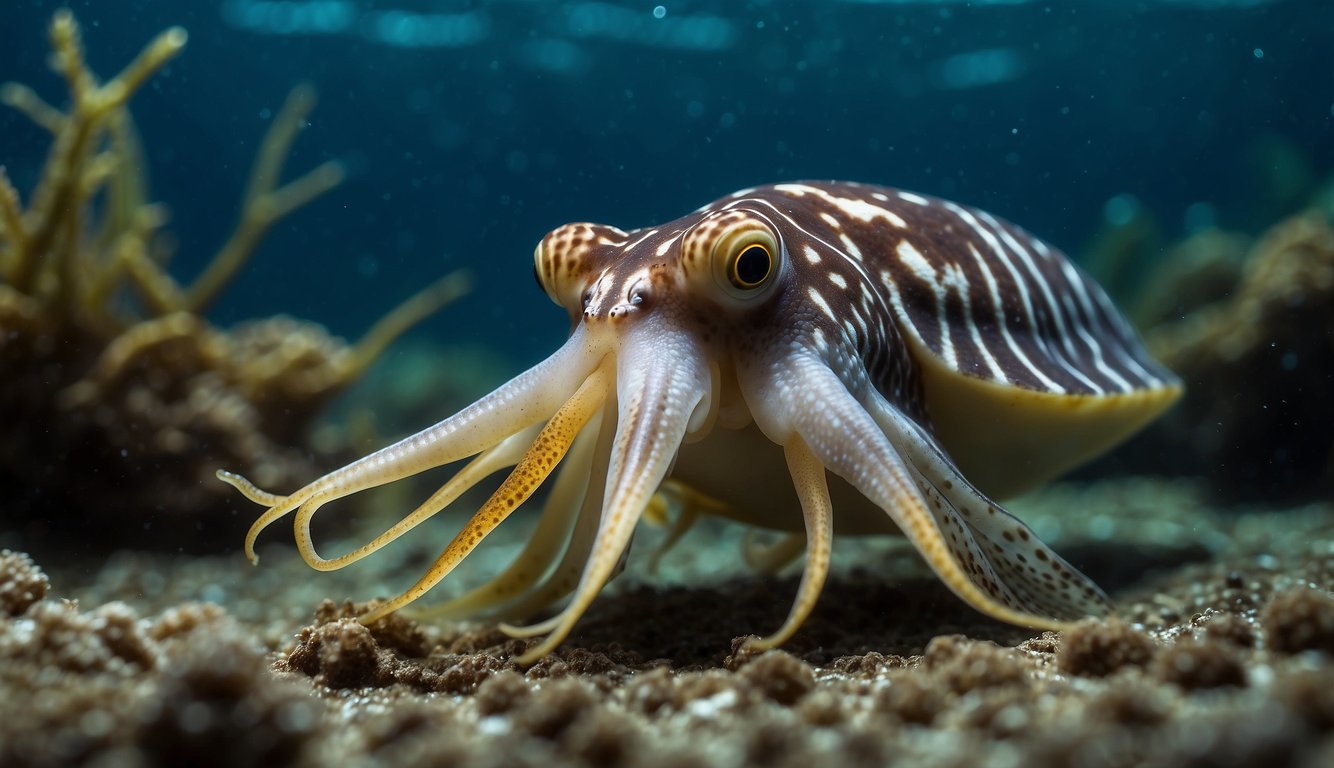 The Common Cuttlefish swims gracefully, changing colors to blend with its surroundings.

It hunts small fish with lightning speed, using its tentacles to capture prey.

The female lays her eggs in clusters, carefully tending to them until they hatch
