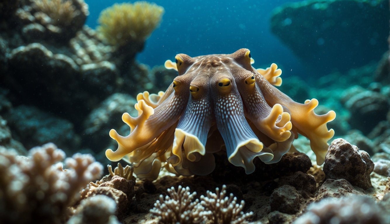 A vibrant coral reef teeming with life.

A common cuttlefish gracefully changes color, blending seamlessly into its surroundings.

Rays of sunlight illuminate the underwater scene, creating a mesmerizing display of colors and patterns
