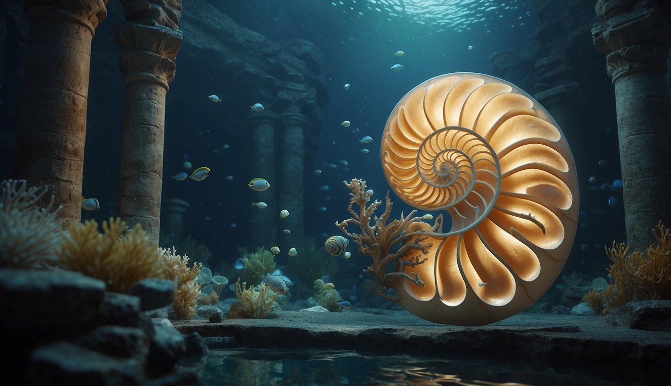 The Chambered Nautilus floats through ancient ruins, surrounded by glowing sea creatures and swirling currents.

The scene is a mesmerizing journey to the past