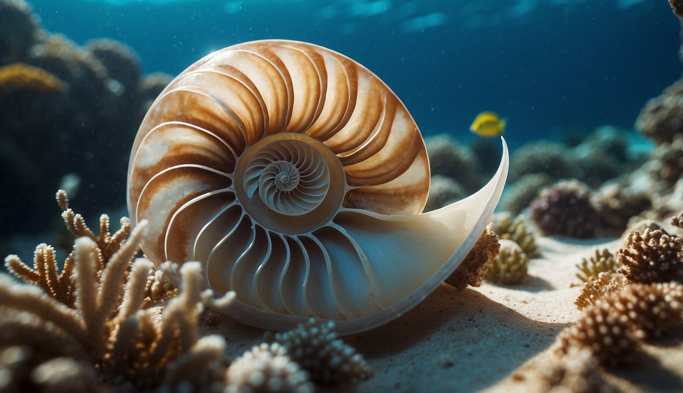 The Chambered Nautilus floats through crystal-clear waters, its spiral shell gleaming in the sunlight.

Surrounding sea life dances in the background, creating a mesmerizing underwater scene
