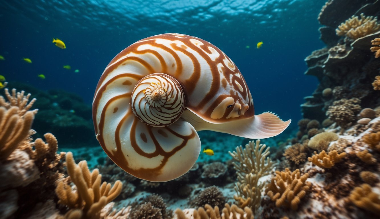 A majestic chambered nautilus glides through ancient coral reefs, surrounded by vibrant marine life and swirling currents