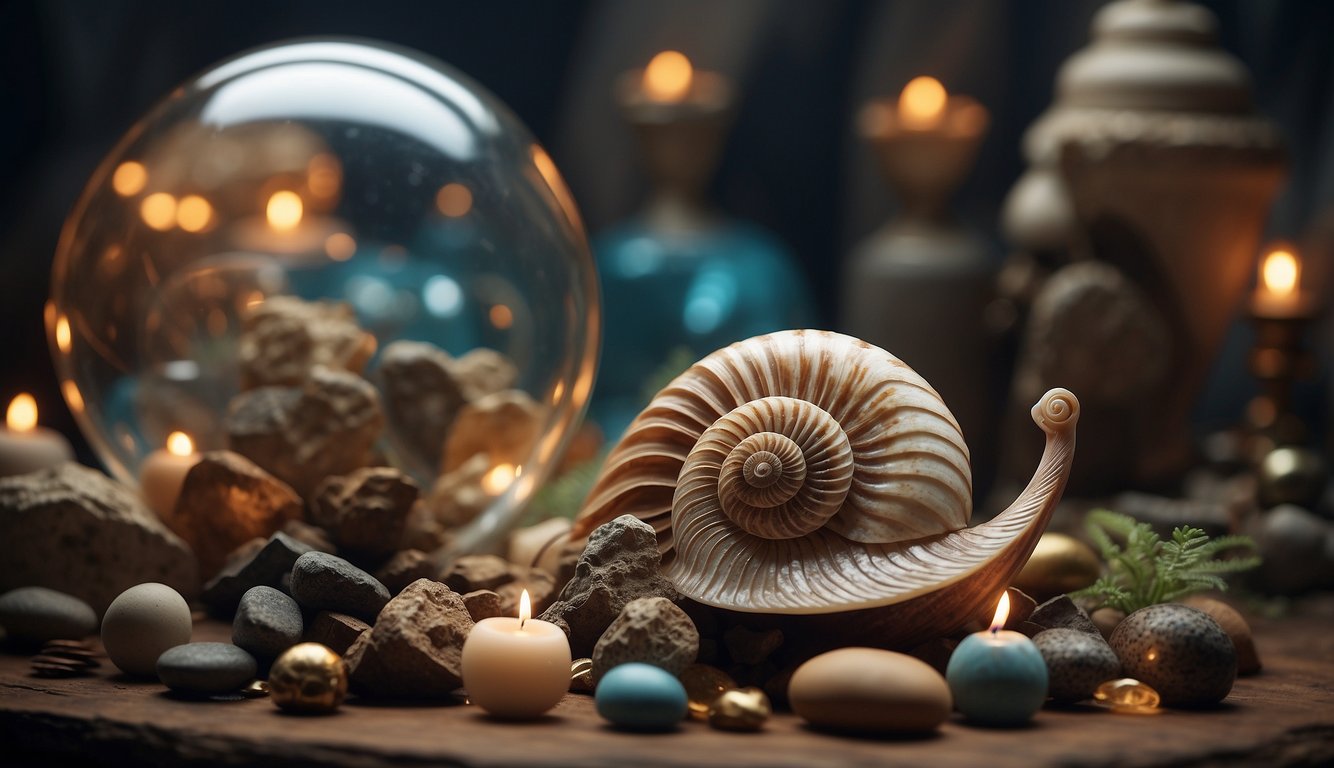 A chambered nautilus floats among ancient artifacts and symbols of human culture, evoking a journey to the past