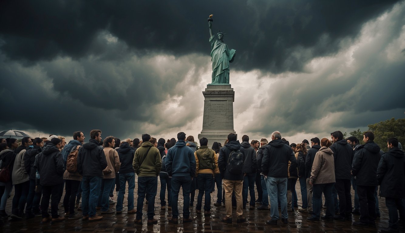 A crowd gathers around a crumbling statue of democracy, while dark storm clouds loom overhead, symbolizing the distress and uncertainty surrounding the concept of democracy
