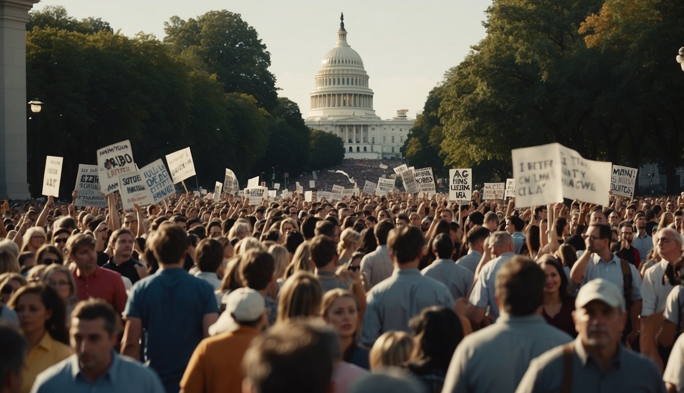 A chaotic crowd fills the streets, waving signs and shouting slogans. The Capitol looms in the background, surrounded by a sense of tension and uncertainty