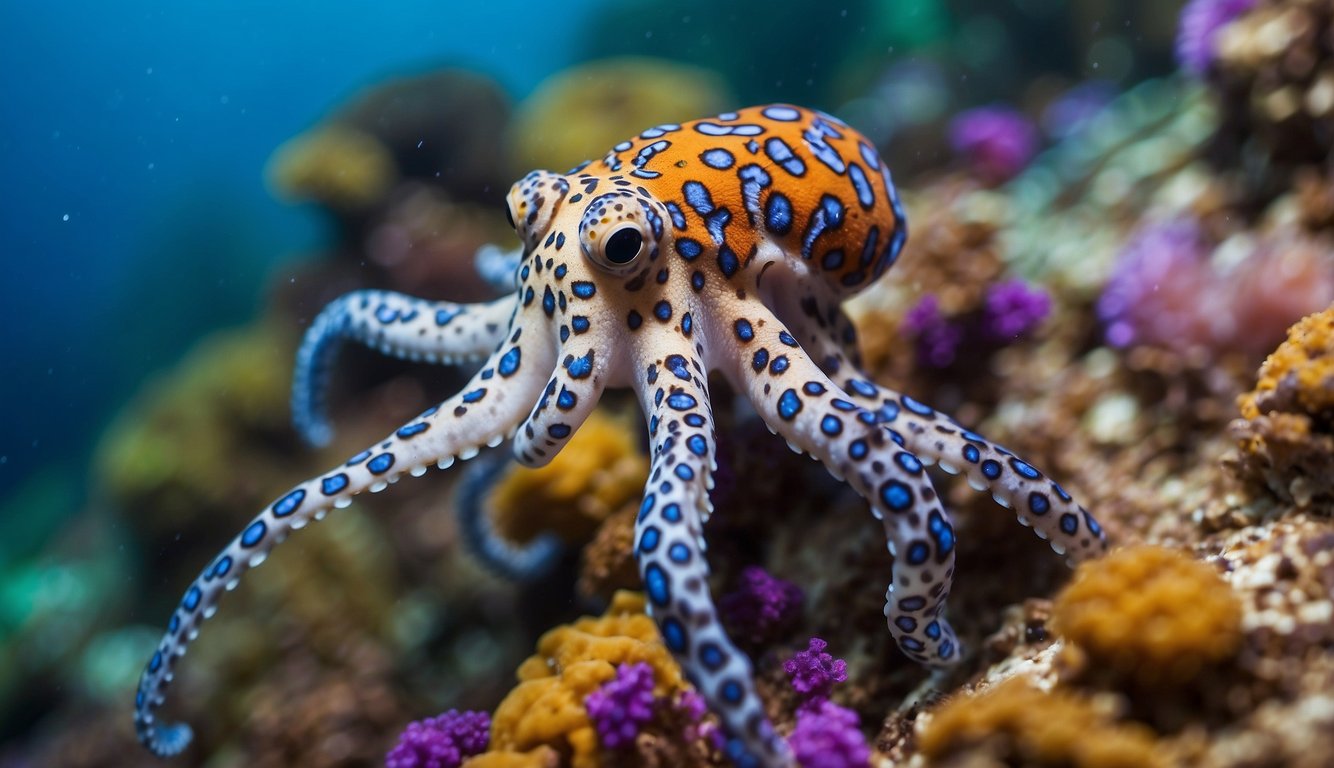 A small, vibrant blue-ringed octopus swims gracefully among colorful coral, its tentacles trailing behind as it moves through the clear ocean water