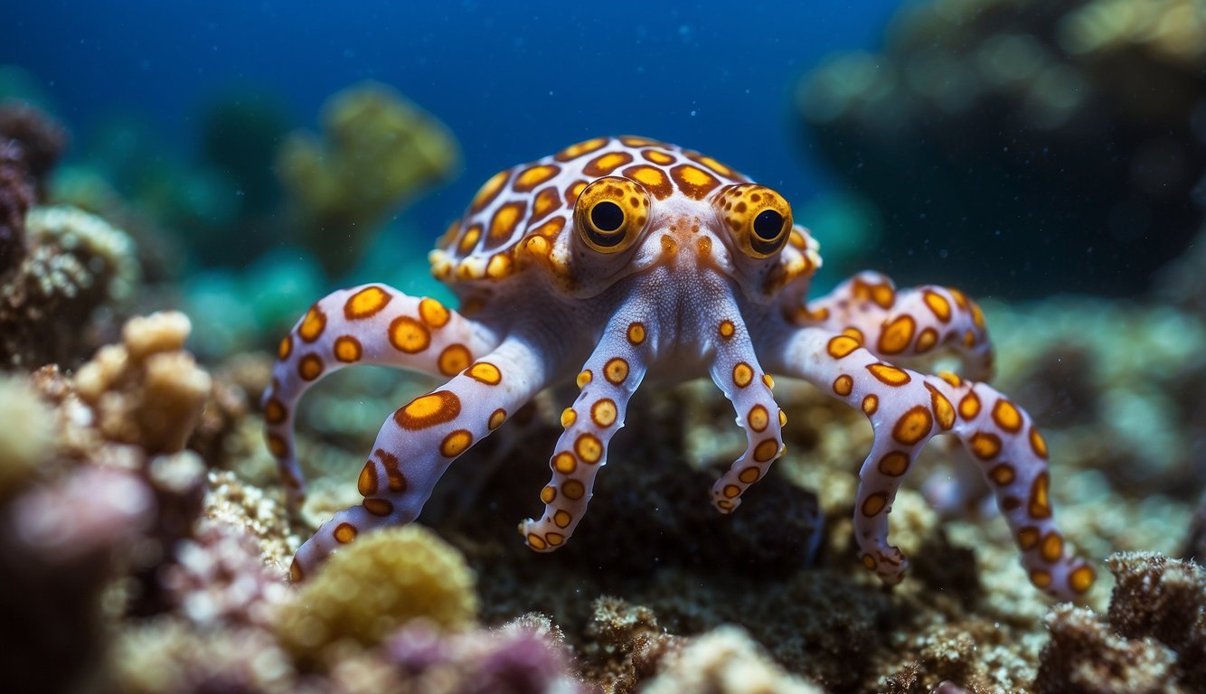 A blue-ringed octopus hovers over a coral reef, its vibrant blue rings flashing as it hunts for prey among the colorful sea life