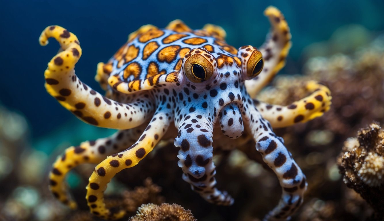 The venomous blue-ringed octopus hovers over a coral reef, displaying its vibrant blue rings as it moves gracefully through the water