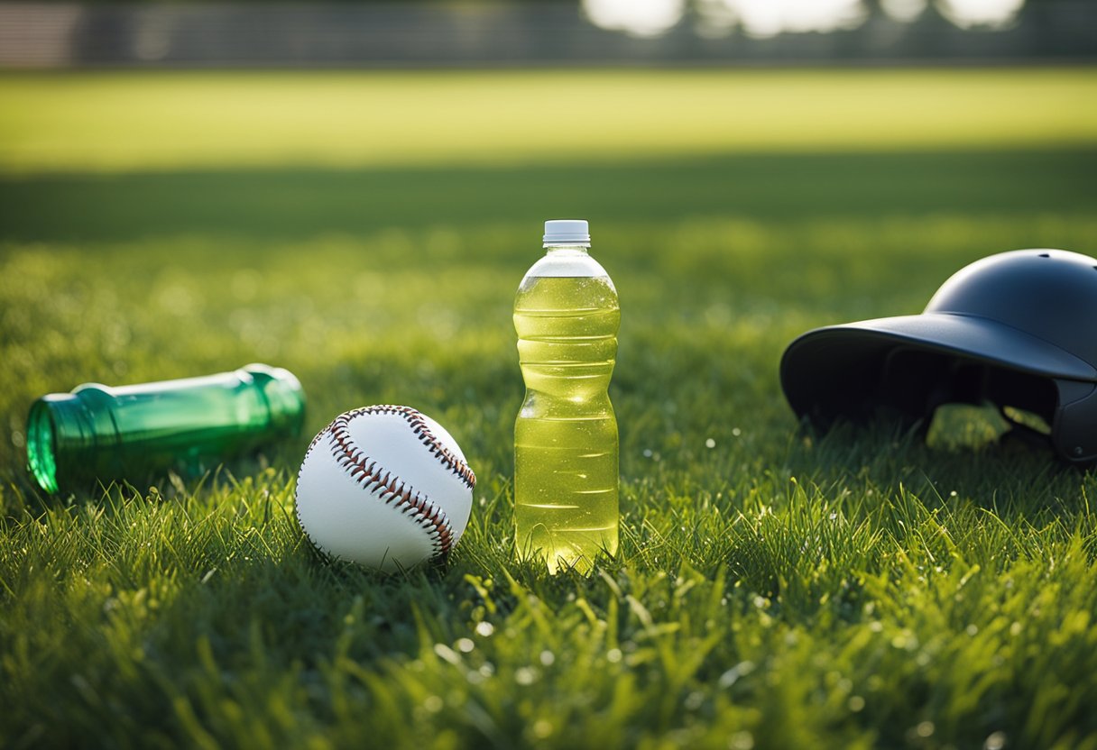 A softball lying in the grass, surrounded by scattered equipment and a water bottle