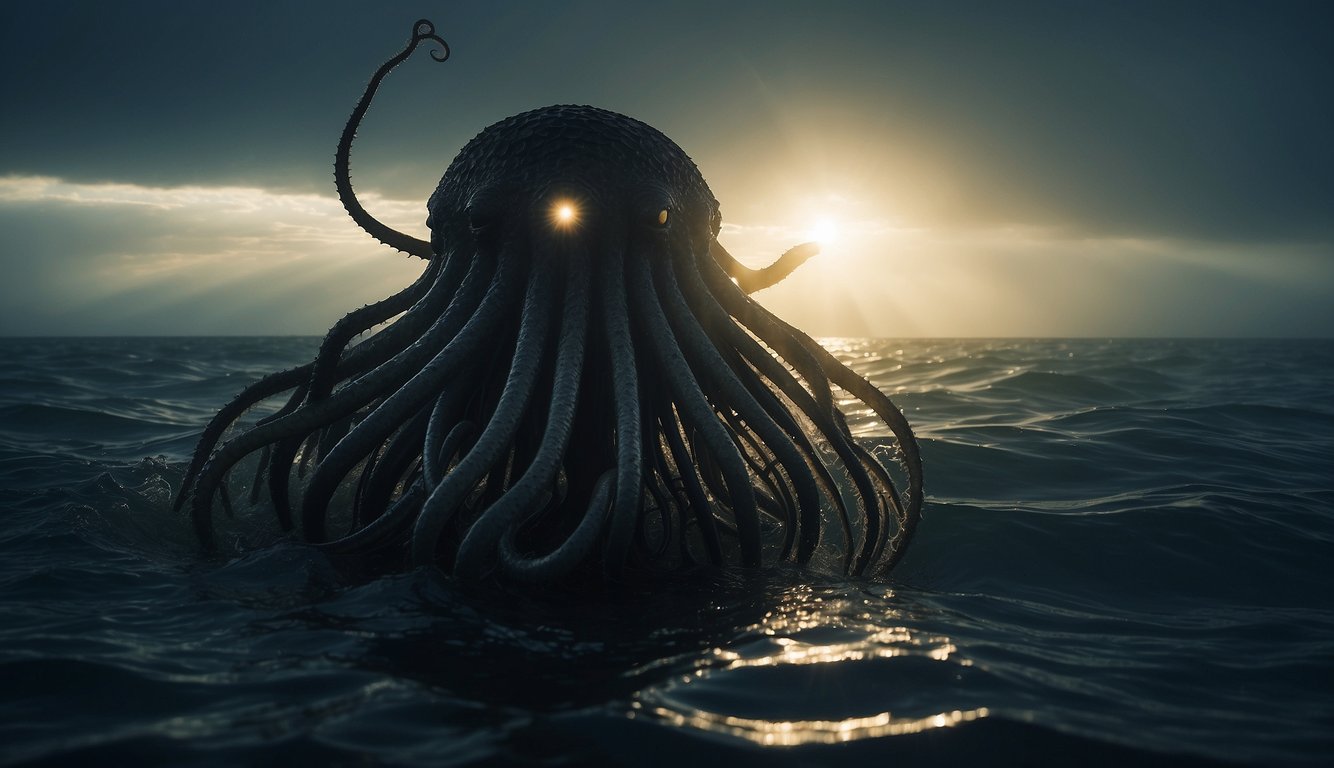 A massive, shadowy figure lurks in the dark depths of the ocean, its long tentacles reaching out into the unknown.

Sunlight filters down from the surface, casting an eerie glow on the mysterious creature