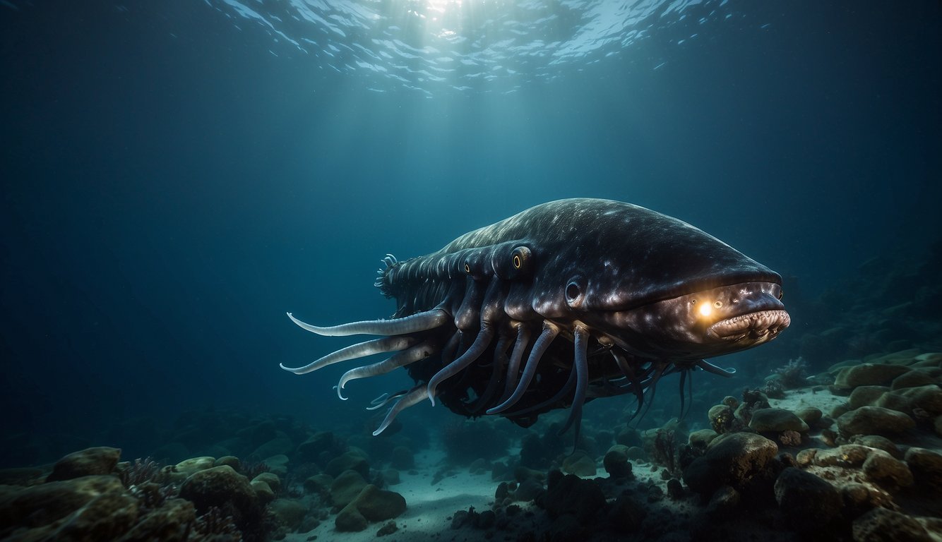 A deep-sea submersible illuminates the shadowy depths as it encounters the massive, tentacled form of a giant squid, its translucent body pulsating with bioluminescent light