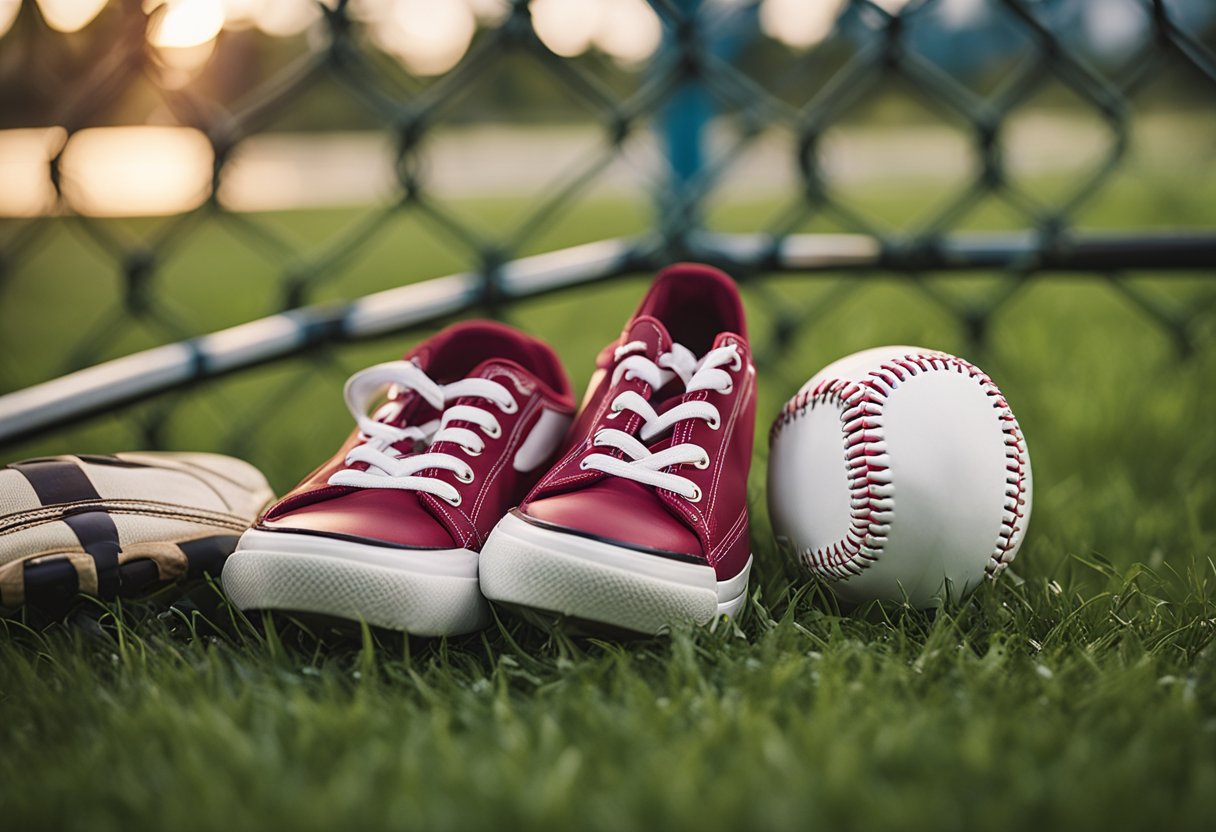 A softball lying on the grass beside a pair of athletic shoes, with a bat leaning against a fence in the background